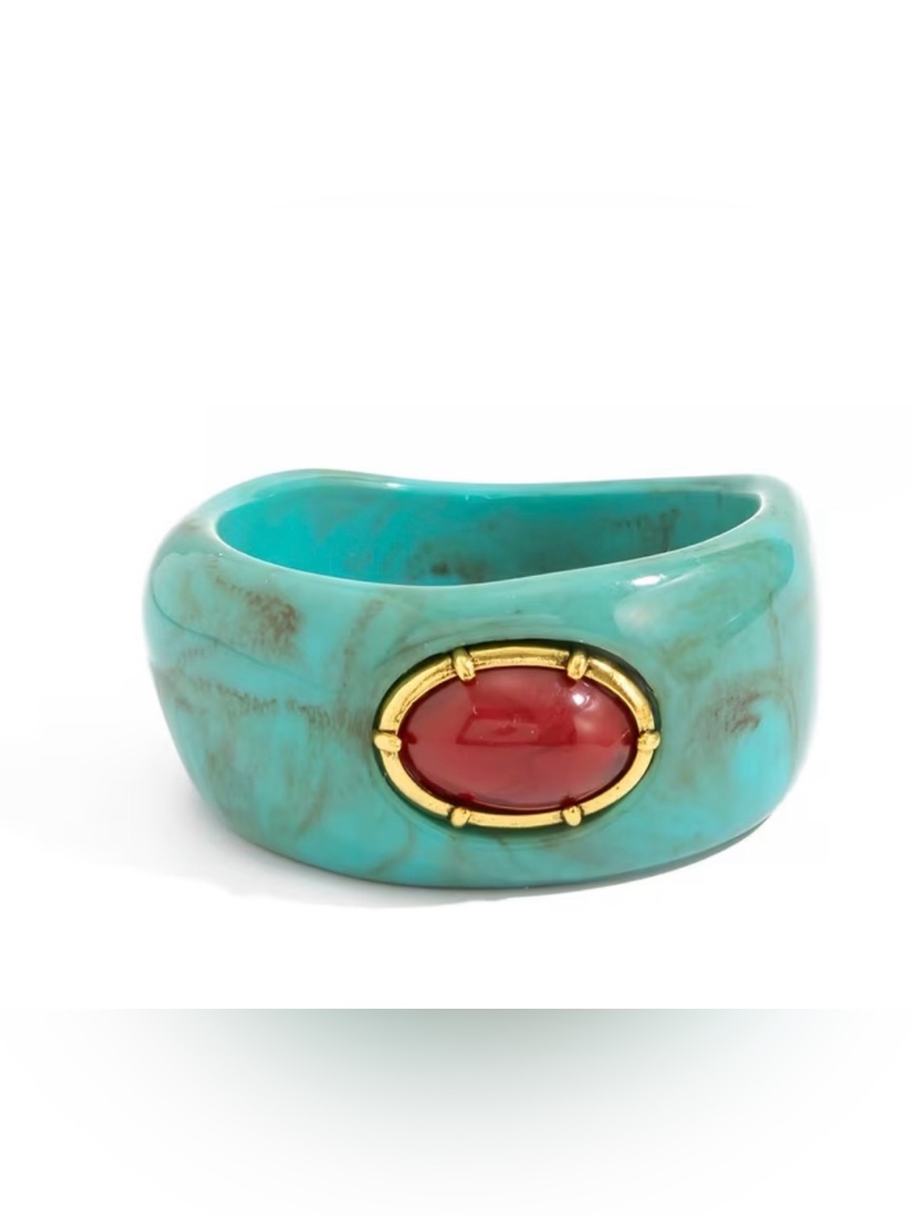 Turquoise Resin Cuff Bracelet with Red Cabochon Accent